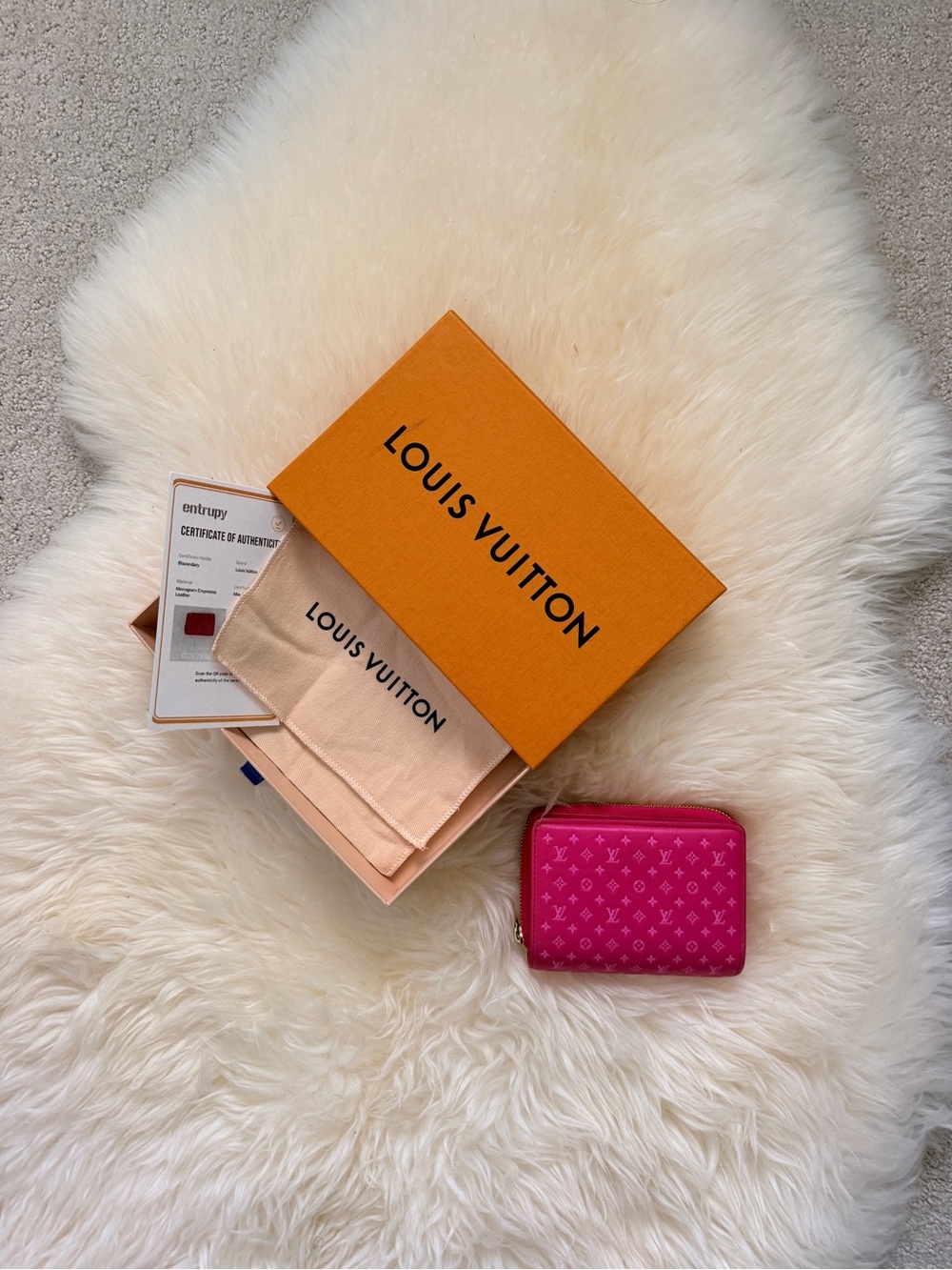 Authentic Louis Vuitton Lou Wallet Nanogram embossed pink leather Zip Wallet NFC